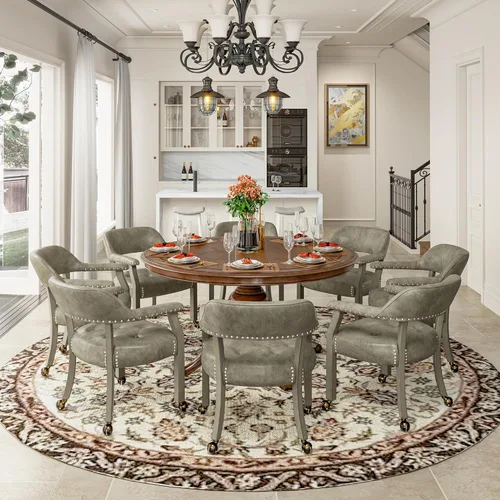 Miniatura 18 de Juego de 8 sillas de cuero de comedor con ruedas y brazos, silla de capitán Accent con ruedas, sillas de madera con ruedas enrollables para cocina