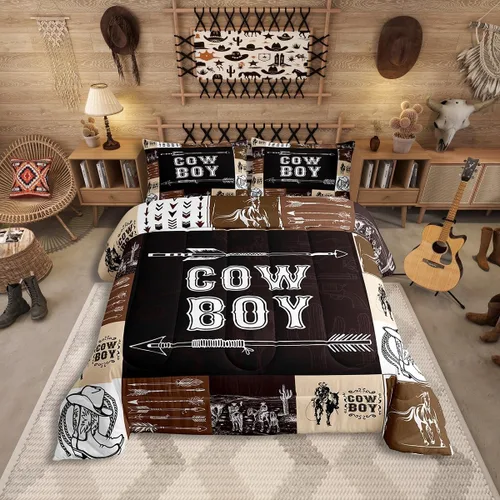Miniatura 49 de Juego de edredón de vaquero, tamaño King, juego de ropa de cama de herradura con estrellas del oeste de Texas para adultos, hombres y niños, ropa