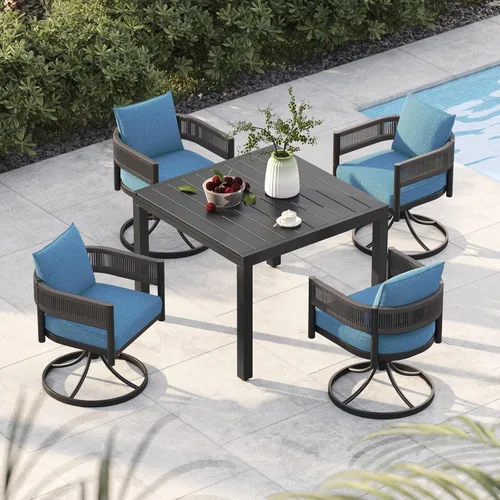 Miniatura 30 de Juego de comedor al aire libre Grand Patio de 5 piezas para 4, sillas de patio fijas de mimbre tejido metálico con cojines engrosados y 1 mesa