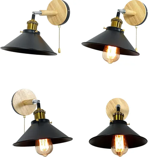 Miniatura 5 de Juego de 2 apliques de pared Vintage Negros, con Base de Madera de 1 luz, interruptor de cadena y diseño cónico. Ideal para mesilla de Noche, sala