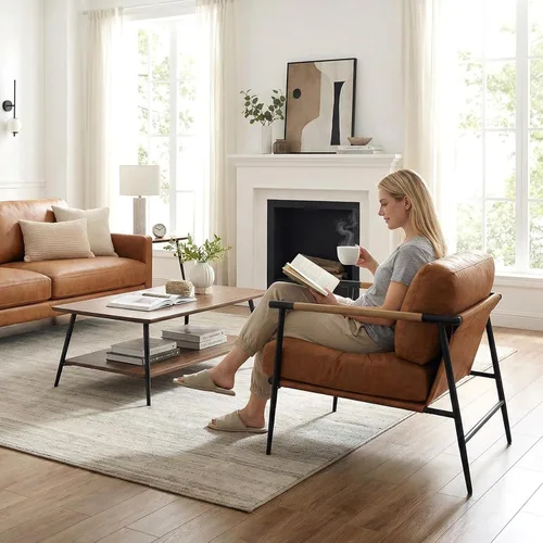 Miniatura 7 de DUOMAY Silla moderna de mediados de siglo, sillón de piel sintética marrón, silla de dormitorio con patas de metal para sala de estar, lectura