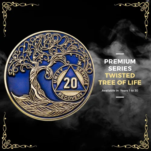 Miniatura 4 de 40 años AA Medallion Twisted Tree of Life chapado en oro AA Chip de recuperación - azul translúcido