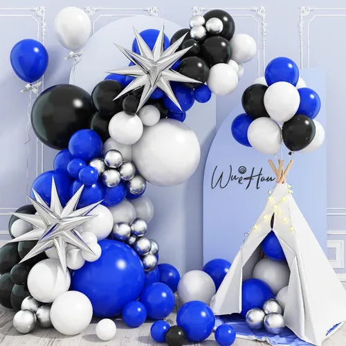 Kit de arco de globos azul negro y blanco, kit de guirnalda de globos azul marino blanco negro con globos de látex plateado metálico globos de Azul
