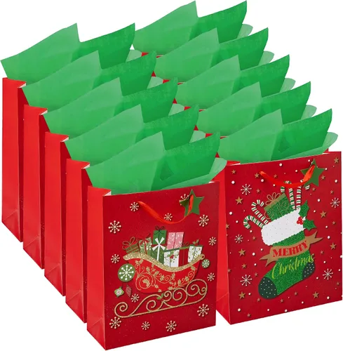 Miniatura 8 de Bolsas de regalo de Navidad – medianas 13 x 10 x 4 pulgadas (paquete de 4) – Bolsas de regalo de papel resistentes con papel de seda, etiqueta y asa