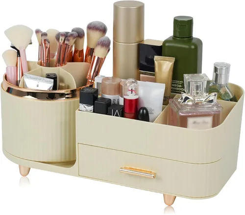 Miniatura 7 de Organizador de maquillaje para encimera con cajón, rotación de 360 grados, soporte para brochas, almacenamiento de gran capacidad, vitrinas