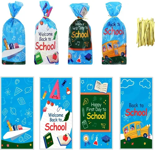 Bolsas de regalo de regreso a clases con lazos giratorios, 100 unidades para el primer día de escuela, aula, fiesta, bolsas de dulces para niños,