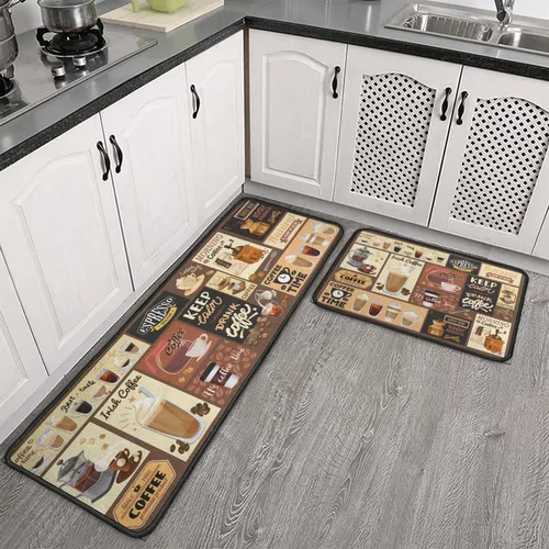 Miniatura 9 de Alfombras y esteras de cocina con tema de café (2 piezas), alfombra de cocina negra antideslizante lavable, suave, superabsorbente, juego