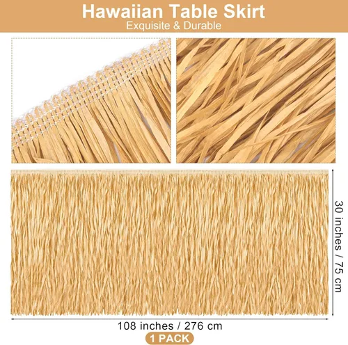 Miniatura 2 de Fovths 1 paquete de falda de mesa de hierba Luau con flecos de papel, falda de paja oscura de 108 x 30 pulgadas, faldas de mesa hawaianas