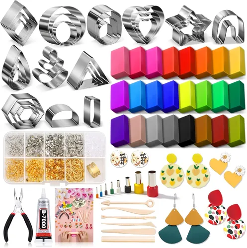 Kit de fabricación de aretes de arcilla polimérica: 30 cortadores de aretes de arcilla, arcilla polimérica de 24 colores, 8 cortadores de círculos,