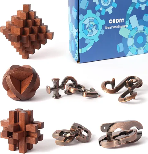 CUDNY 7 Piezas Desbloquear Rompecabezas Interconectados de Lógica Retro de Madera y Metal Juegos de Rompecabezas de Cerebro IQ Lógica Divertido Caja