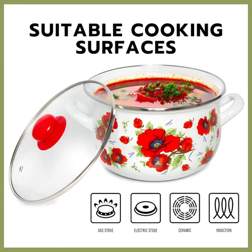 Miniatura 5 de Olla de aluminio esmaltado amapolas vientre cazuela profunda olla de cocina con tapa de vidrio Utensilios de cocina Olla de sopa (2.1 L)