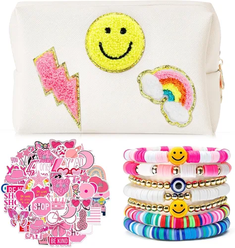 Miniatura 13 de Set de bolsa de maquillaje a cuadros Preppy con 7 pulseras Heishi y 50 pegatinas rosas, linda bolsa de viaje para cosméticos, regalos perfectos