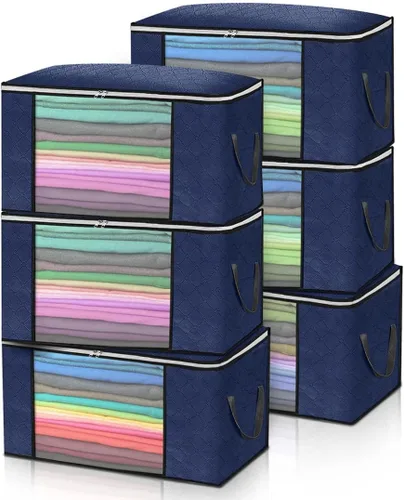 Miniatura 12 de Bolsas de almacenamiento grandes de 90 litros, paquete de 4 organizadores plegables para armario y almacenamiento con asas duraderas, tela gruesa