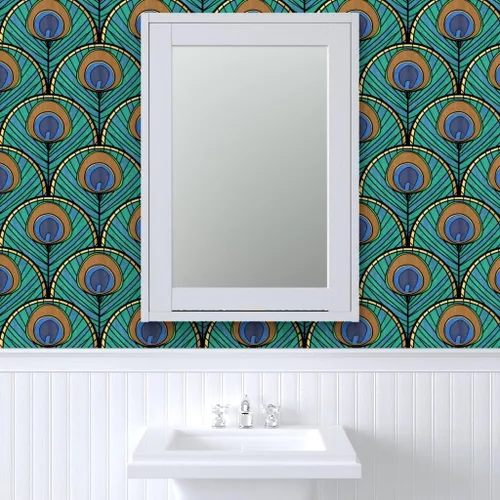 Miniatura 9 de Spoonflower Despegar y pegar papel pintado Swatch – Patrón de abanico Art Deco de pavo real pluma azul verde 1920 inspirado vintage dorado estampado