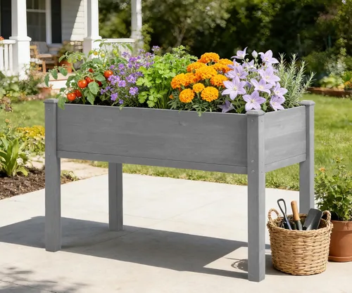 Miniatura 8 de Cama de jardín elevada de 48 x 24 x 30 pulgadas con patas, maceta de madera elevada para plantas al aire libre Gris