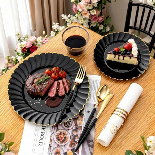 Miniatura 3 de Ciaell 175 platos de plástico festoneado negro con ribete dorado, cubiertos de plástico negro con asa, juegos de vajilla de alta gama para bodas