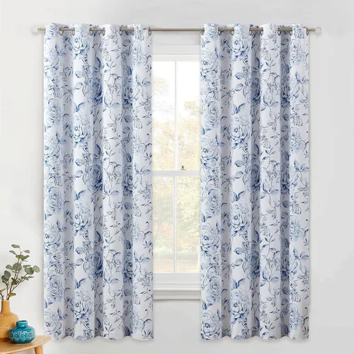 Beauoop - Cortinas florales 100% blackout, de 63 pulgadas de largo, 2 paneles, para dormitorio, sala de estar, azul marino, blanco, estilo