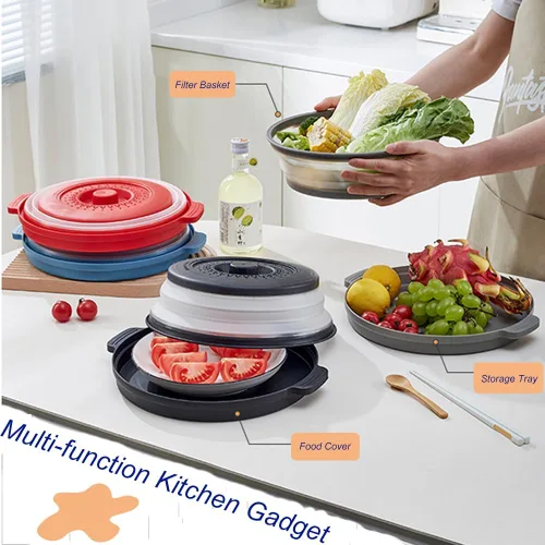 Miniatura 6 de Cubierta de salpicaduras para microondas con base antiquemaduras, ventilada para evitar quemaduras, tapa de protección plegable, colador de frutas