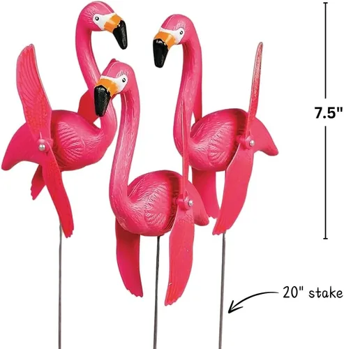 Miniatura 2 de Fun Express Juego de 6 adornos de mini flamencos rosados para patio, molinillos de viento para exteriores con alas giratorias, regalos de decoración