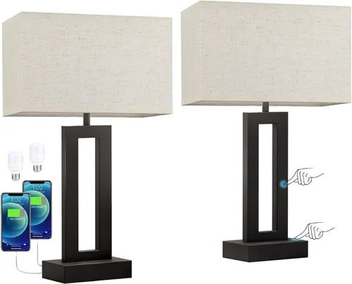 Miniatura 12 de Juego de 2 lámparas de mesa de noche para dormitorio, lámpara de noche táctil con USB C+A, lámparas de sala de estar regulables de 3 vías para mesas