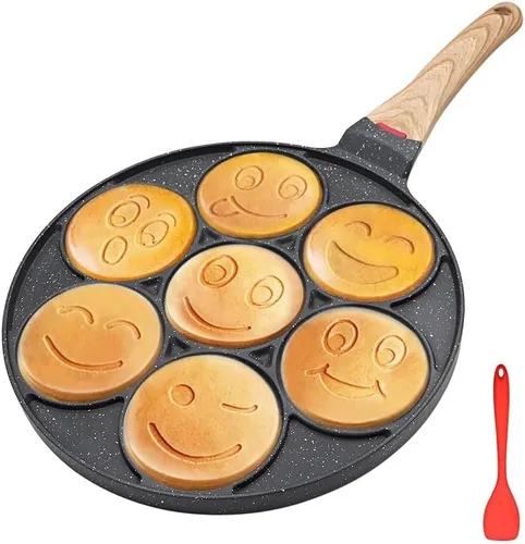 Sartén antiadherente para panqueques, sartén para panqueques con cara sonriente, 7 agujeros para niños, 10.4 pulgadas, solo gas, color negro