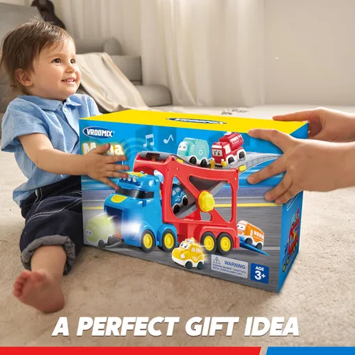 Miniatura 7 de Vroomix Camiones de Juguete Extra Grandes para Niños Pequeños, Camiones de Ciudad de 3 Niveles para Niños, Camión Transportador Grande 7 en 1