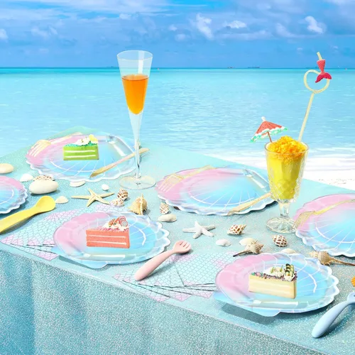 Miniatura 5 de Cunhill 96 platos y servilletas de sirena para 24 invitados, platos de concha de mar de 7 pulgadas y 9 pulgadas, suministros de fiesta de sirena