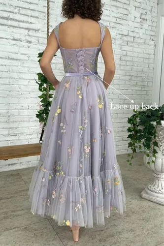 Miniatura 4 de Basgute Vestido de fiesta de tul con bordado de flores para mujer, corsé, largo, con tirantes delgados, de hadas, fruncido, formal, vestido de fiesta
