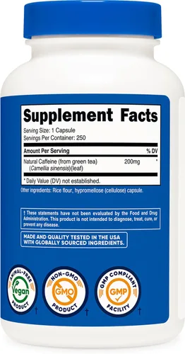 Miniatura 5 de Nutricost - Cafeína Natural 200 mg, 250 cápsulas vegetarianas - Sin gluten, sin OMG