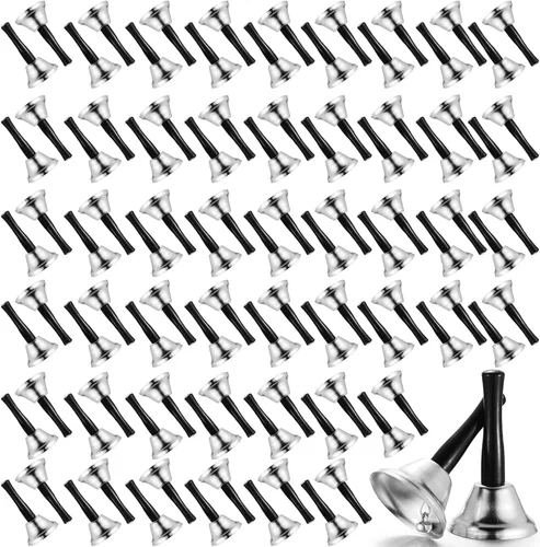 Miniatura 8 de Fumete 100 campanas de metal con mango de madera para decoración de bodas, escuelas, percusión musical, alerta de ancianos enfermos (plata, dorado)
