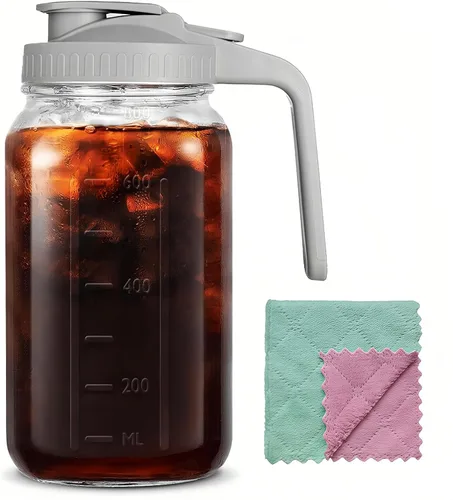 Miniatura 10 de Jarras de vidrio de 64 onzas con asa y tapa, frasco Mason de 2 cuartos, jarra grande de agua, recipientes de vidrio para refrigerador, jarra de agua
