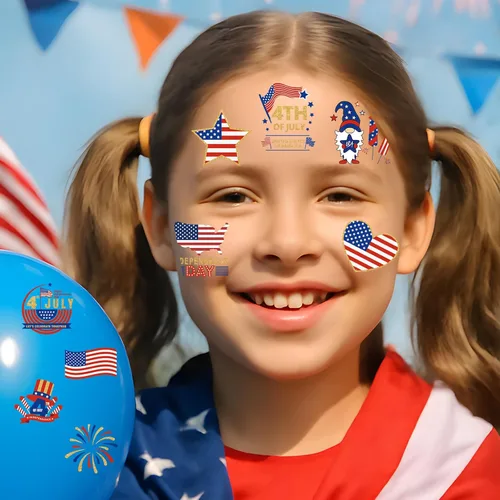Miniatura 5 de Tatuajes del 4 de julio para niños, 180 tatuajes temporales individuales del 4 de julio, bandera estadounidense patriótica, rojo, blanco y azul