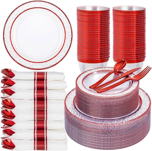 Miniatura 11 de Ciaell 350 platos de plástico color oro rosa, platos desechables de oro rosa transparente con cubiertos de plástico que incluyen 100 platos, 150