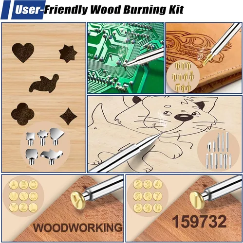 Miniatura 6 de Kit de Combustión de Madera, 163 Piezas de Herramienta de Quemador de Madera con Letras y Números, Pluma de Pirografía con Control de Temperatura