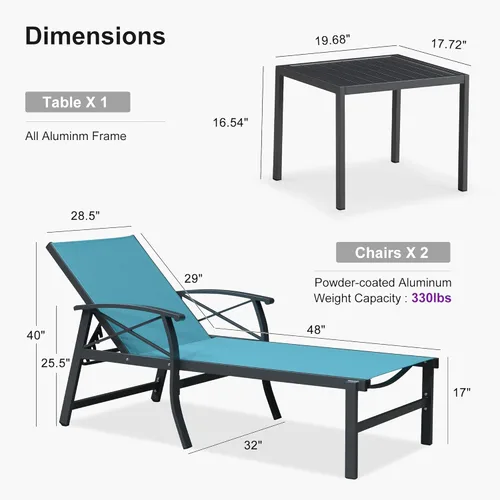 Miniatura 2 de PURPLE LEAF Oversized Chaise Lounge Chair Outdoor Set of 2 Extra Wide Pool Lounge Chairs 5 Adjustable Position with Armrests and Side Table Aluminum