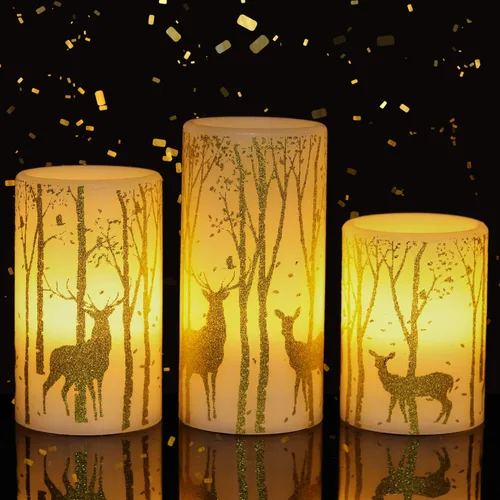 GenSwin Velas parpadeantes sin llama que funcionan con pilas con temporizador de 6 horas, velas LED de cera real, calcomanías de ciervo, luz cálida,