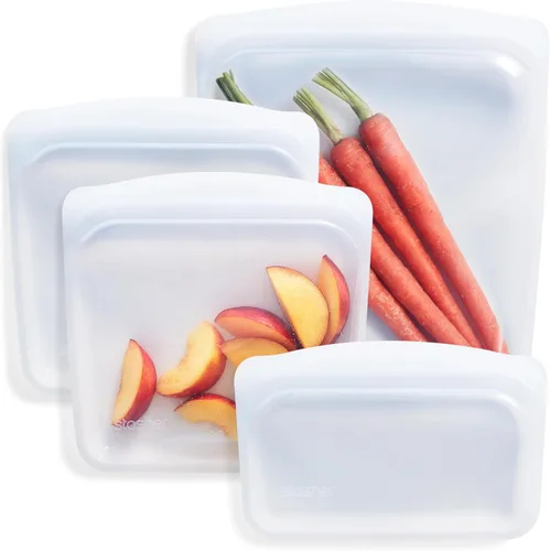 Bolsas reutilizables de almacenamiento de alimentos Stasher de silicona premium, paquete de 4, transparentes, bolsas de almacenamiento de alimentos