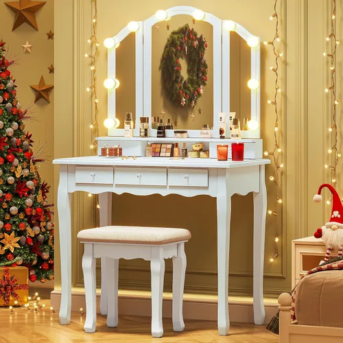 Tiptiper Juego de mesa de tocador con espejo plegable triple iluminado, tocador de maquillaje con luces y 3 modos de iluminación de color,
