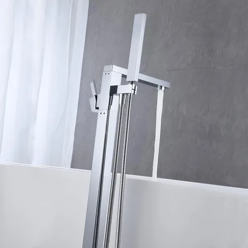 Miniatura 5 de Wowkk Grifo de Bañera Independiente Grifo de Llenado de Bañera Cromado Montaje en Piso Grifo de Baño de Latón Manija Única con Ducha de Mano Cromo