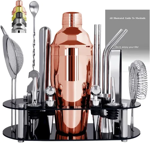 Juego de Coctelera para Bartender con Soporte - Juego de Herramientas de Bar de 16 Piezas, Juego Mezclador de Bebidas Incluye: Cocteleras, Jigger,