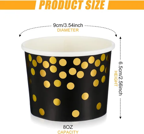 Miniatura 2 de CHENGU 100 tazas de papel para helado a granel de 8 onzas, desechables en negro y dorado, cuencos de postre para aperitivos, yogur, alimentos