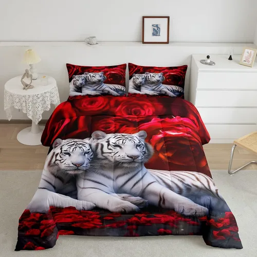 Miniatura 24 de Erosebridal Juego de ropa de cama de guepardo con rosa azul, juego de edredón con estampado de leopardo y gato, edredón romántico de plumón