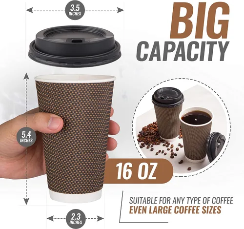 Miniatura 2 de Promora Tazas de café desechables marrones con tapas de 16 onzas, tazas de papel onduladas de papel aislado premium para café caliente
