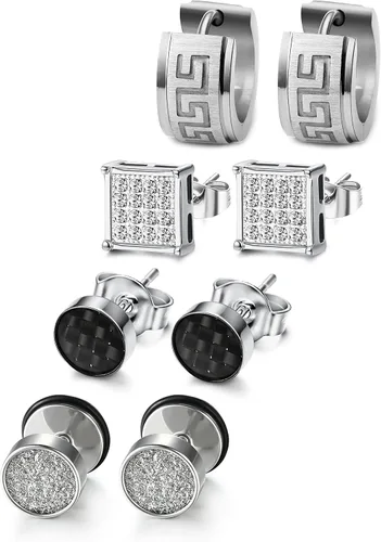 JOERICA 4 pares de aretes de acero inoxidable con circonita cúbica para hombres y mujeres, Acero inoxidable, circonita
