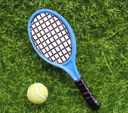 Miniatura 8 de Juego de raquetas de tenis en miniatura azul y verde, accesorios a escala 1/12, juego de mini raqueta, tenis pequeño