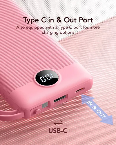 Miniatura 5 de VRURC Cargador de teléfono portátil, cargador portátil de viaje con 4 cables, 5 salidas 2 entradas banco de energía USB C delgado, cables integrados