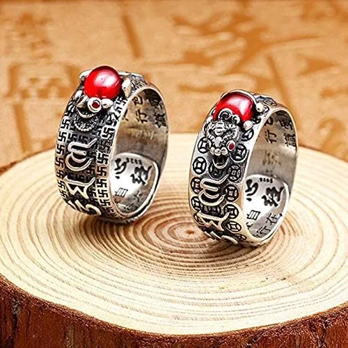 Miniatura 3 de Anillo vintage de plata Feng Shui Pixiu para mujeres y hombres, grabado textos budistas, alivio máximo, sapo dragón, Pixiu, camafeo, riqueza, buena