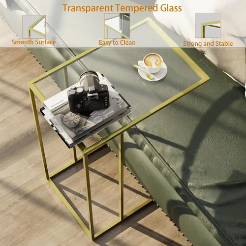 Miniatura 4 de Mesa auxiliar en forma de C, mesa auxiliar para sofá, mesa de refrigerio con vidrio templado y marco de metal, pequeña mesa de bandeja de TV