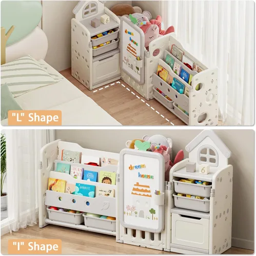 Miniatura 8 de Organizador de Almacenamiento de Juguetes para Niños con 10 Cubos Extraíbles, Organizadores de Juguetes Plegables y Almacenamiento con Estantería