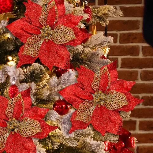 Miniatura 6 de Juego de 20 flores de pascua de 8.7 pulgadas de ancho, 3 capas de flores de Pascua rojas con purpurina, adornos para árbol de Navidad rojo, coronas